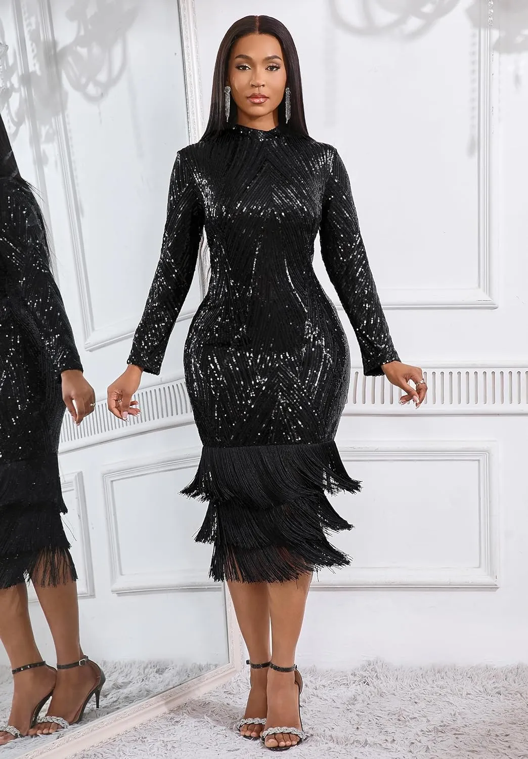 Cololura Sexy Elegant Women Sequin Short Sleeve Tassel Bodycon Midi Dress Party Evening Gown Formal Dress