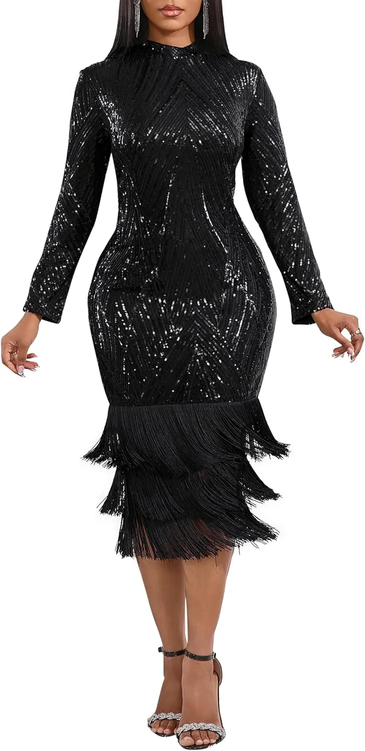 Cololura Sexy Elegant Women Sequin Short Sleeve Tassel Bodycon Midi Dress Party Evening Gown Formal Dress