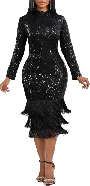 Cololura Sexy Elegant Women Sequin Short Sleeve Tassel Bodycon Midi Dress Party Evening Gown Formal Dress