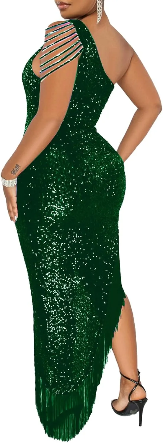 Cololura Women Sequin Elegant Sexy Tassels One Shoulder Mermaid Bodycon Cocktail Evening Midi Party Formal Dress