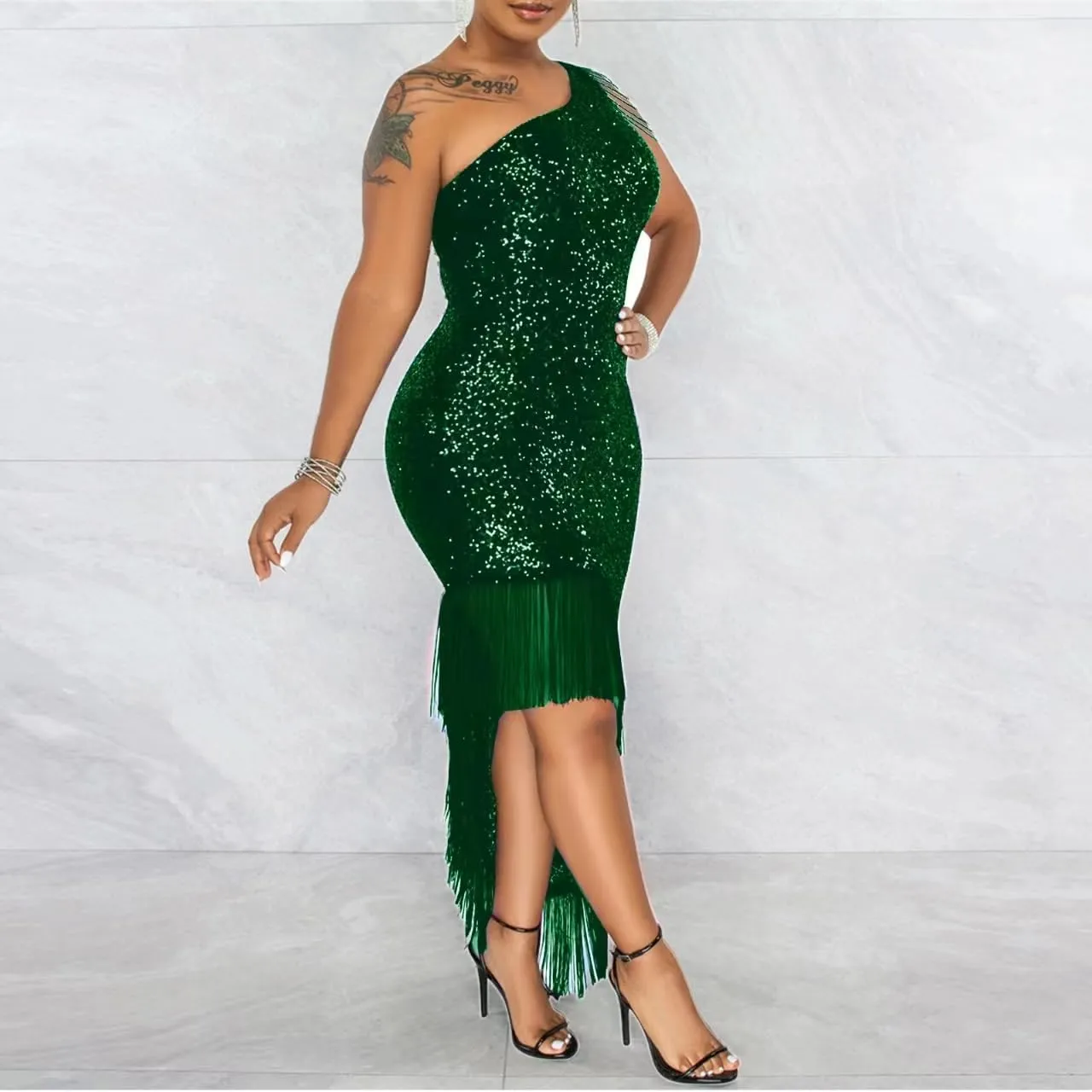 Cololura Women Sequin Elegant Sexy Tassels One Shoulder Mermaid Bodycon Cocktail Evening Midi Party Formal Dress