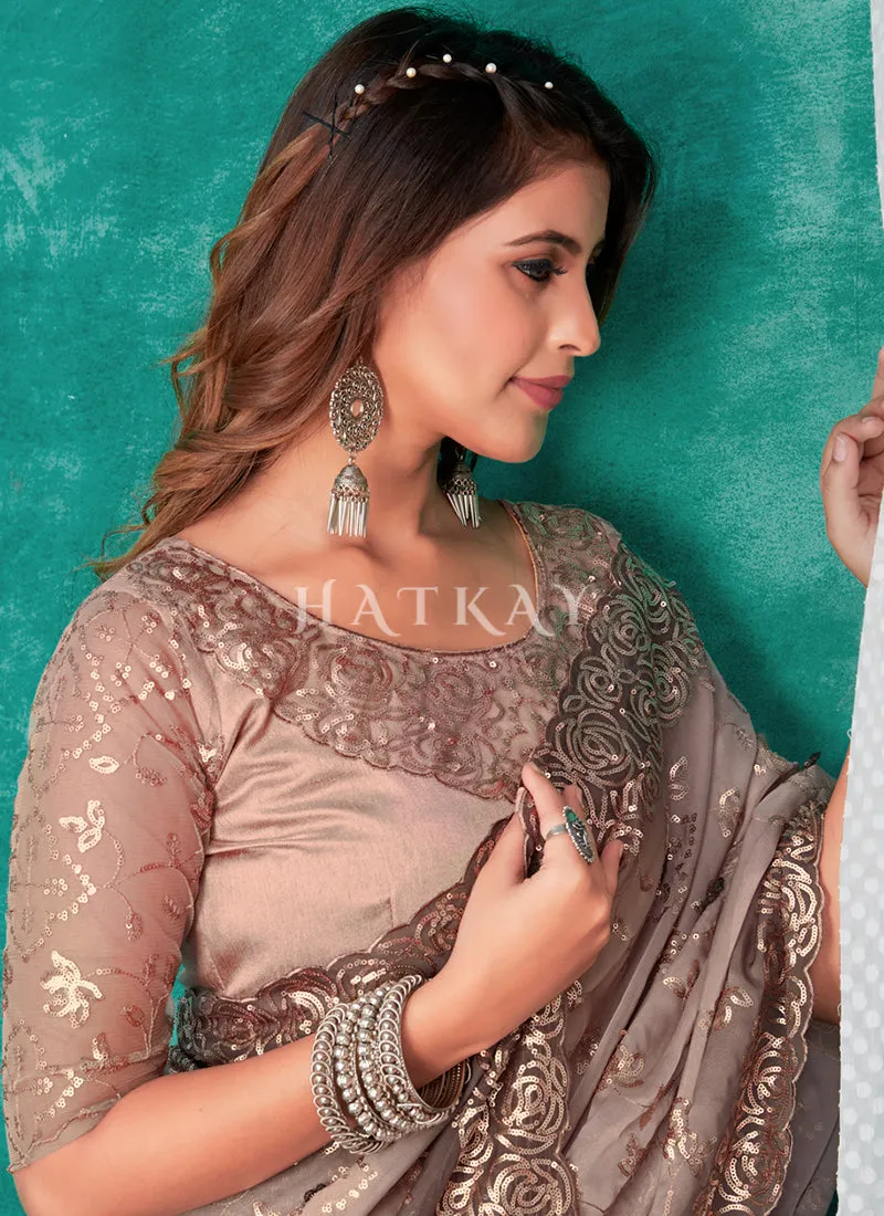 Copper Brown Sequence And Appliqué Embroidery Silk Saree