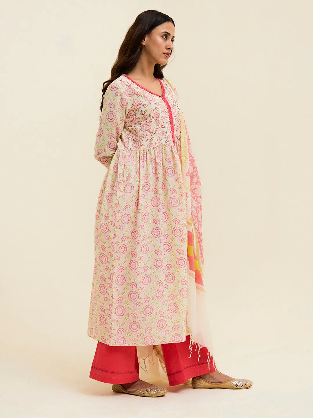 Coral Cotton Handblock Printed Kurta With Palazzo And Dupatta