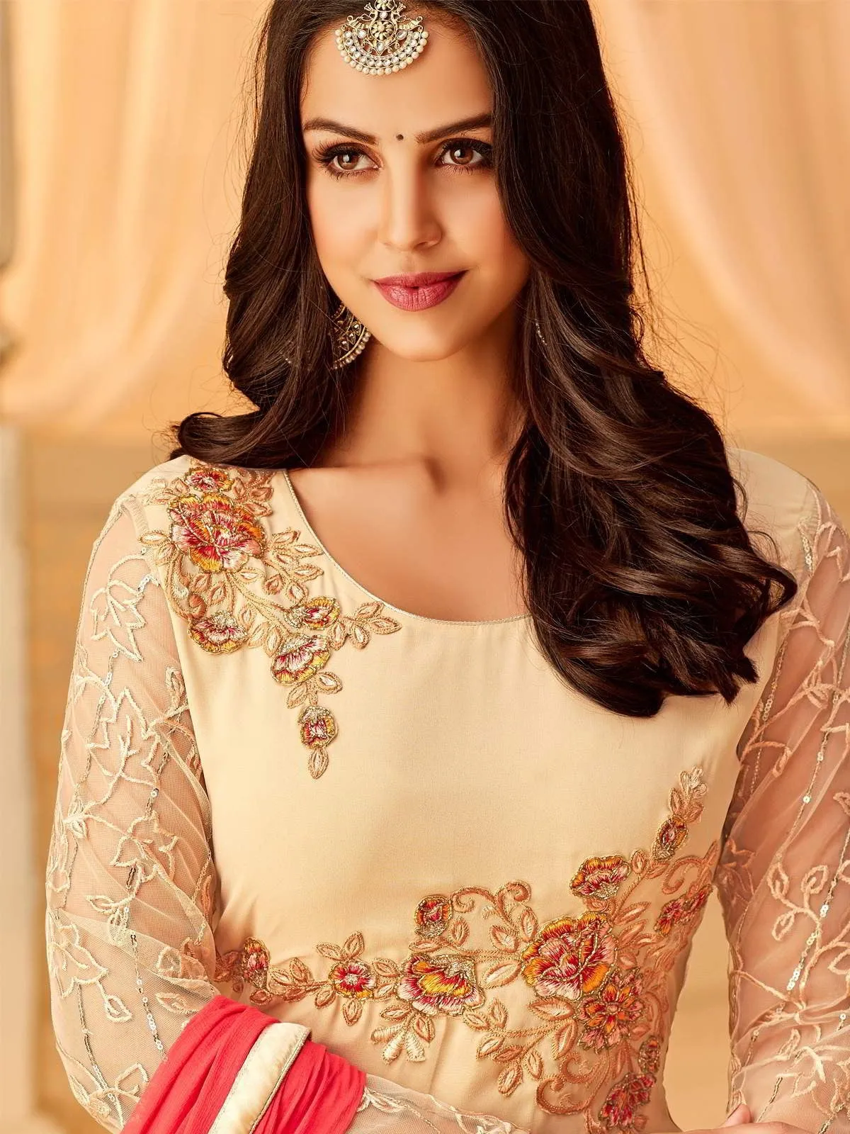 Cream And Pink Designer Embroidered Palazzo Suit