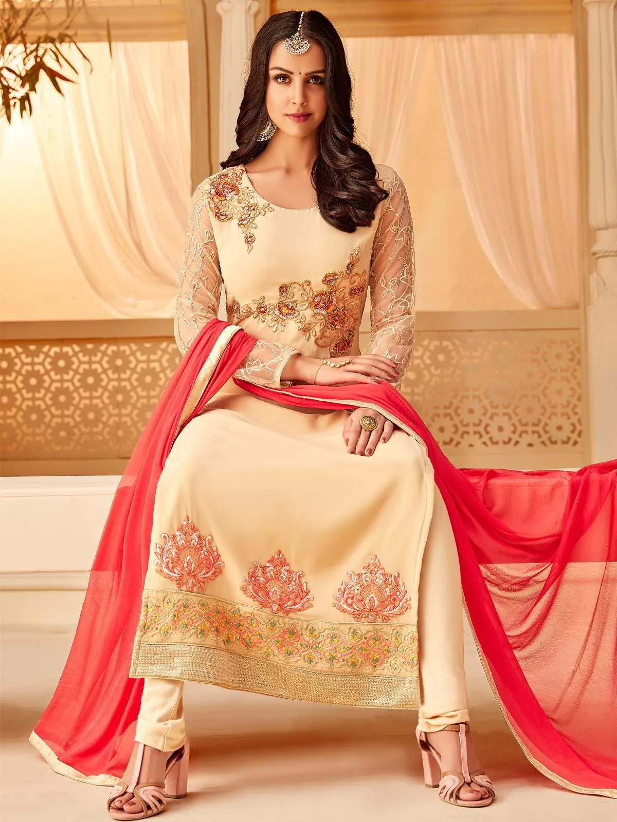 Cream And Pink Designer Embroidered Palazzo Suit