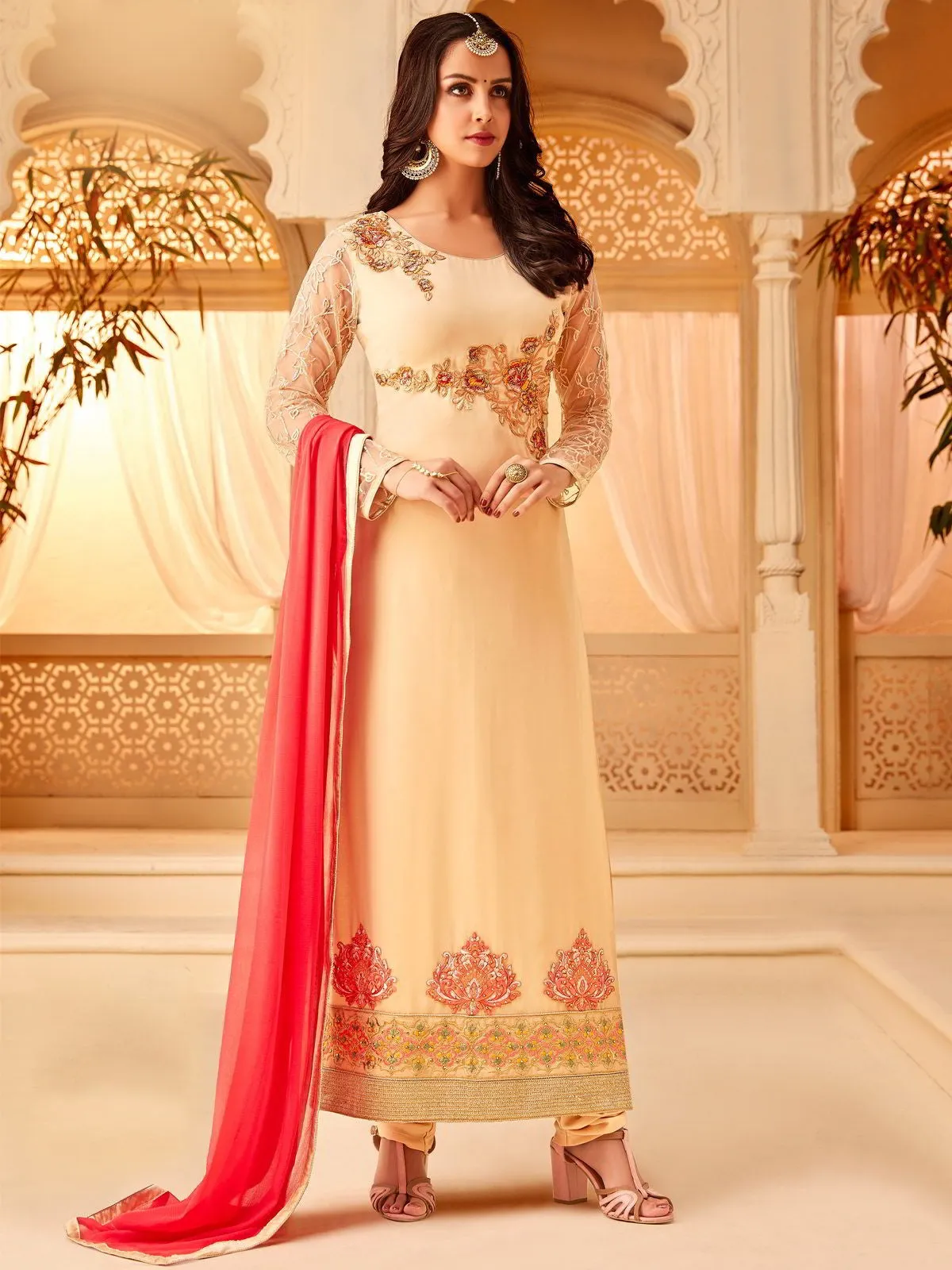 Cream And Pink Designer Embroidered Palazzo Suit