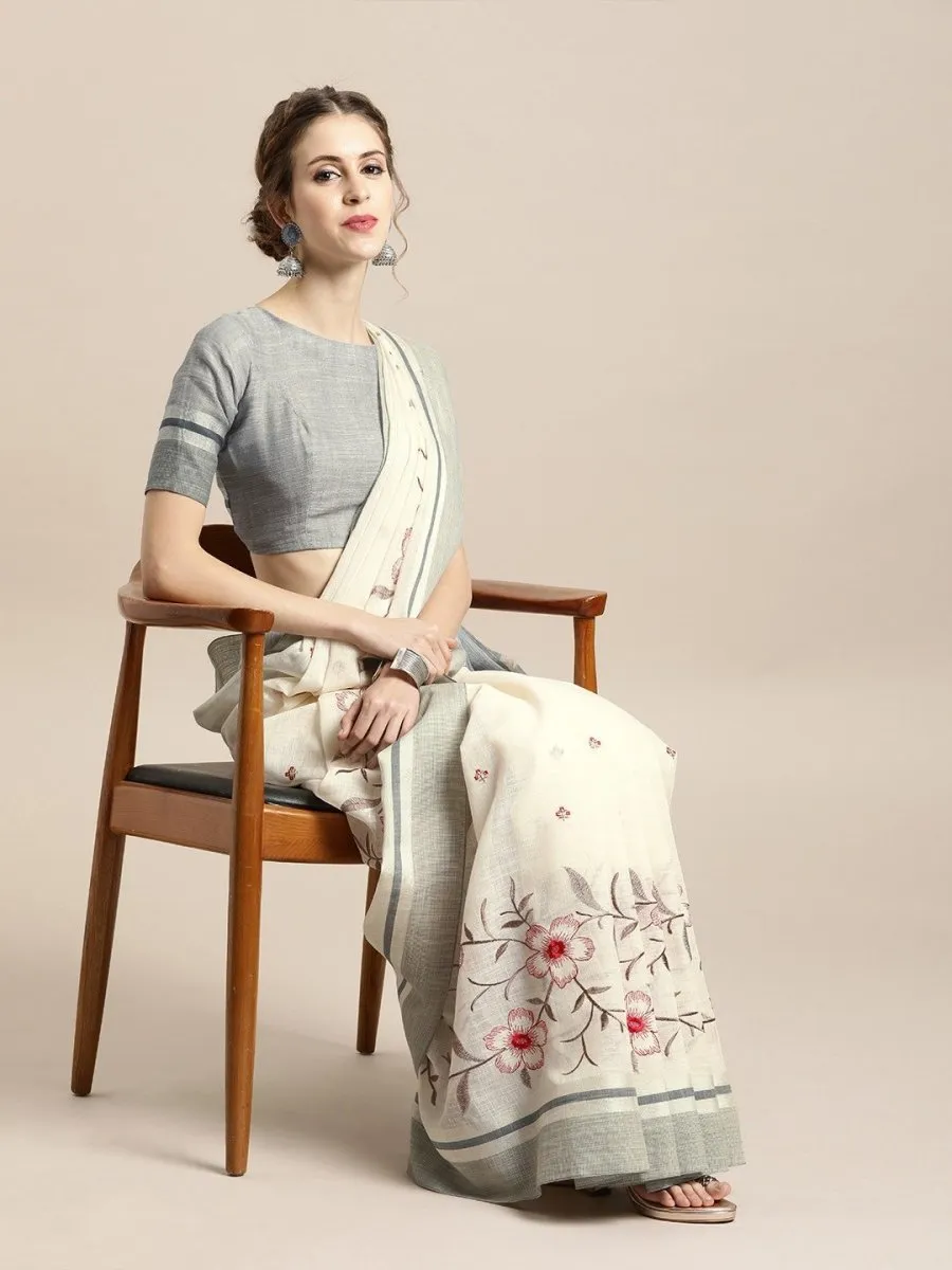 Cream Linen Blend Embroidered Party Wear Traditional Saree