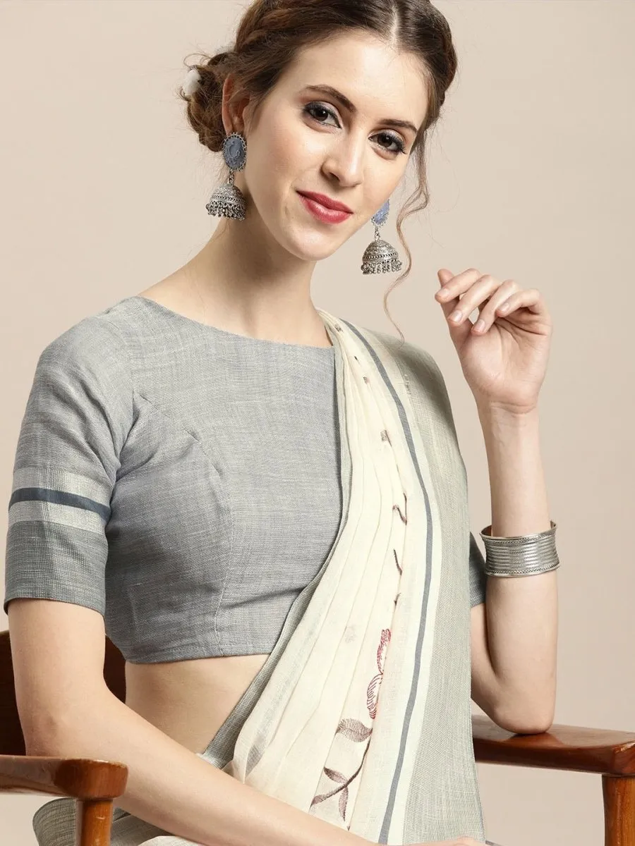 Cream Linen Blend Embroidered Party Wear Traditional Saree