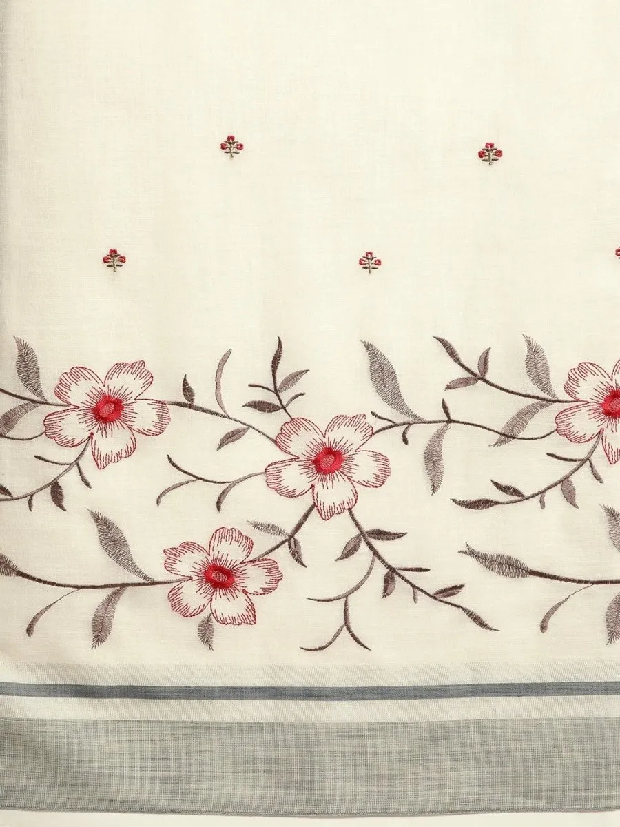 Cream Linen Blend Embroidered Party Wear Traditional Saree