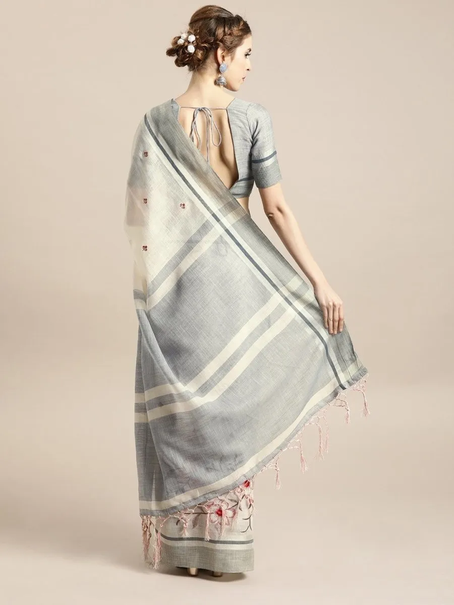 Cream Linen Blend Embroidered Party Wear Traditional Saree