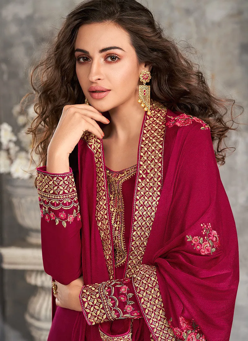 Crimson Red Floral Embroidered Palazzo Style Pant Suit