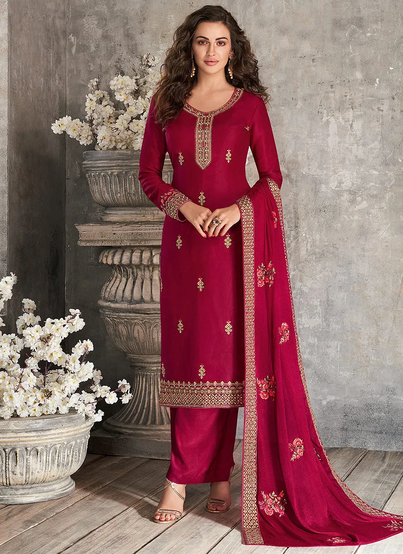 Crimson Red Floral Embroidered Palazzo Style Pant Suit