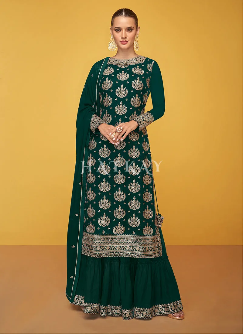 Dark Green Designer Embroidered Georgette Palazzo Suit