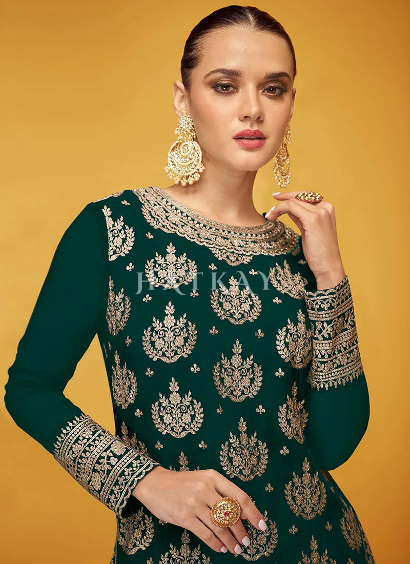 Dark Green Designer Embroidered Georgette Palazzo Suit