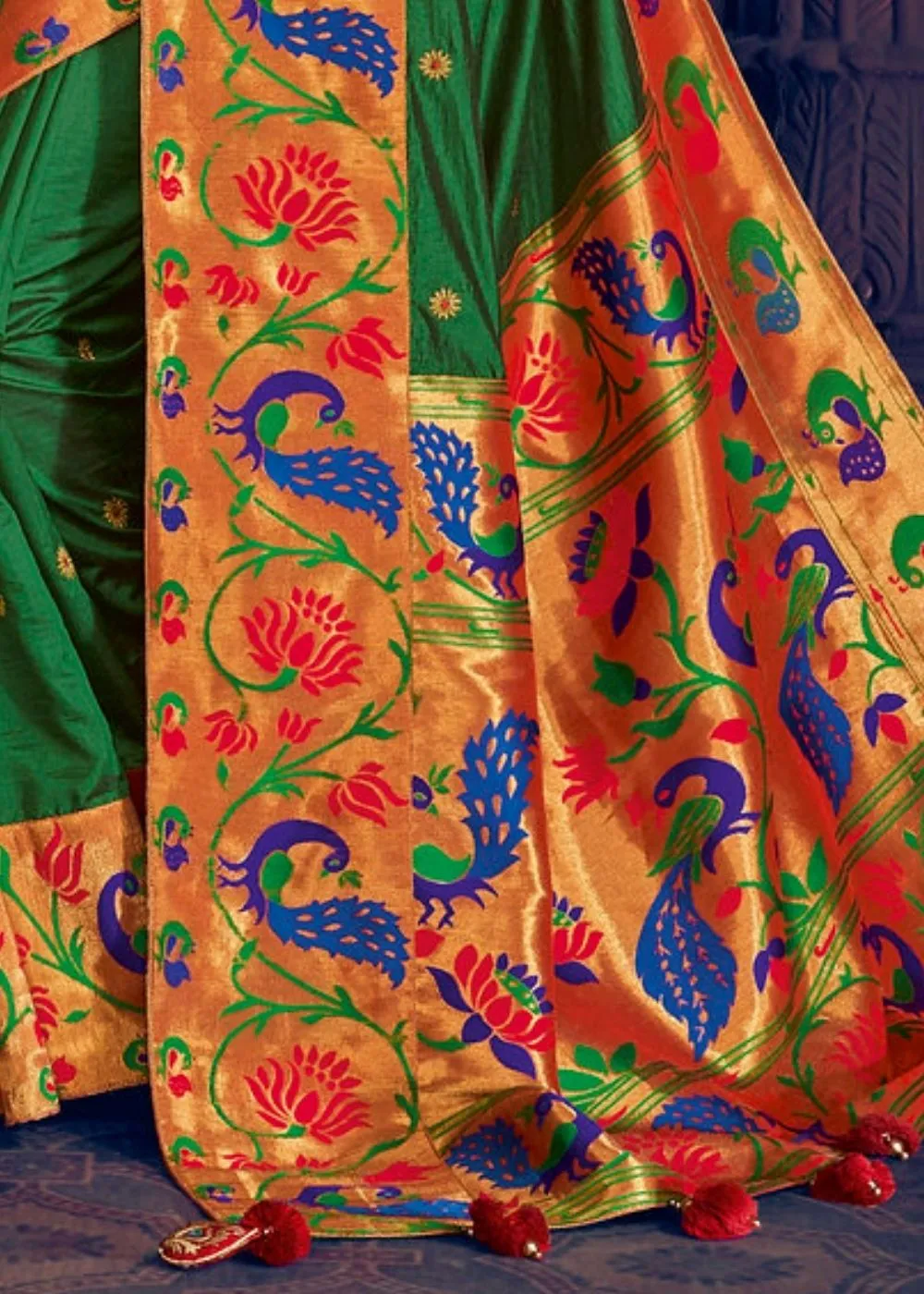 Dark Green Woven Paithani Silk Saree with Floral Motif Zari Border