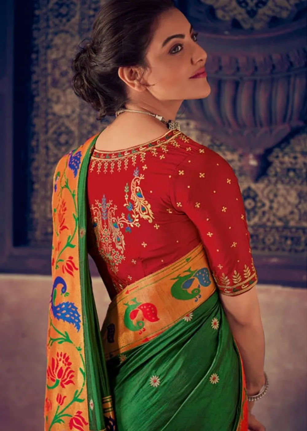 Dark Green Woven Paithani Silk Saree with Floral Motif Zari Border