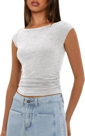 Darong Women's Summer Cap Sleeve Tops Slim Fitted Boat Neck Basic Tee Casual Going Out Top Shirts