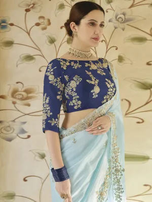 Designer Mint Blue Organza Saree Paired With Taffeta Silk Blouse
