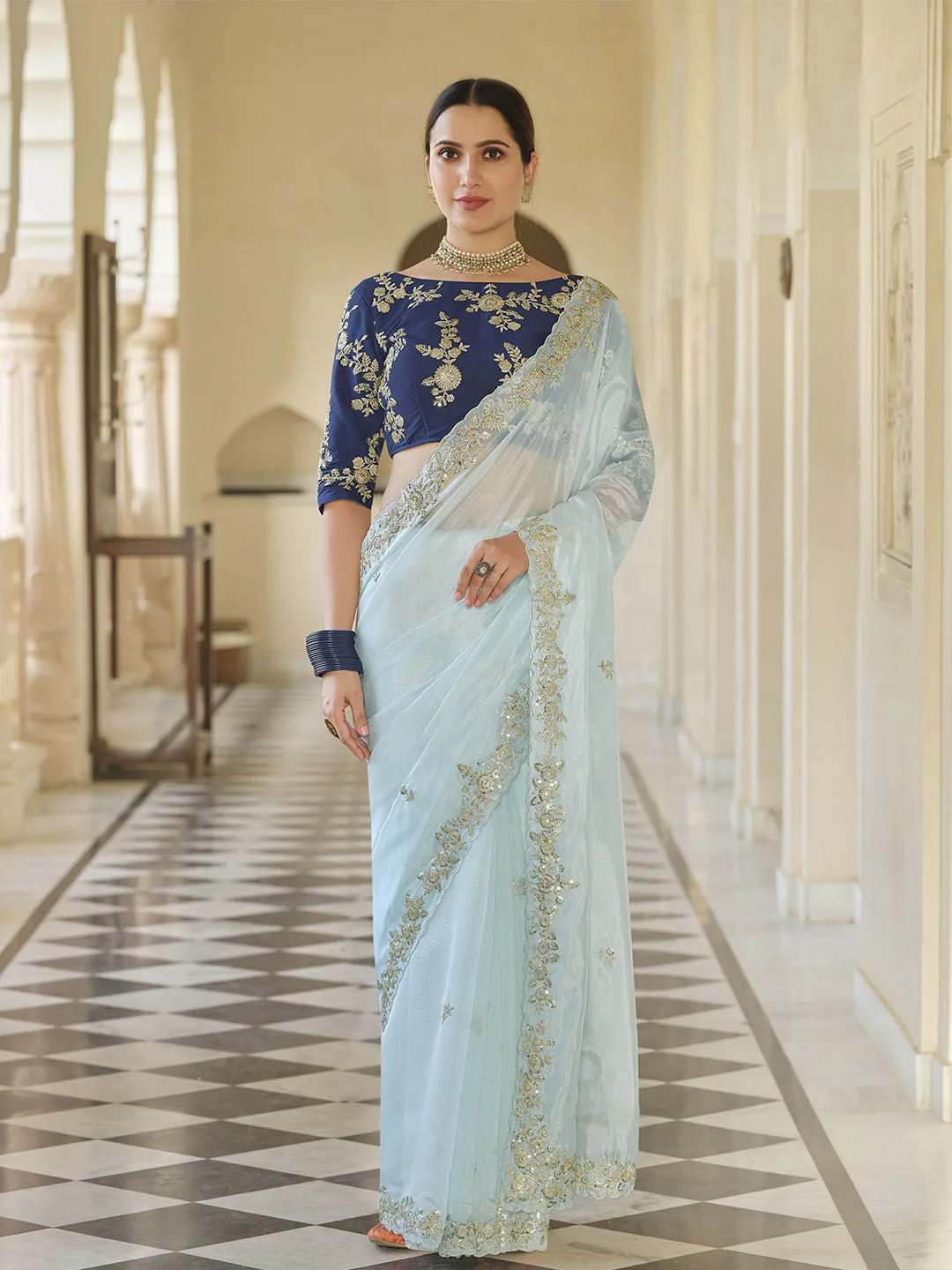 Designer Mint Blue Organza Saree Paired With Taffeta Silk Blouse