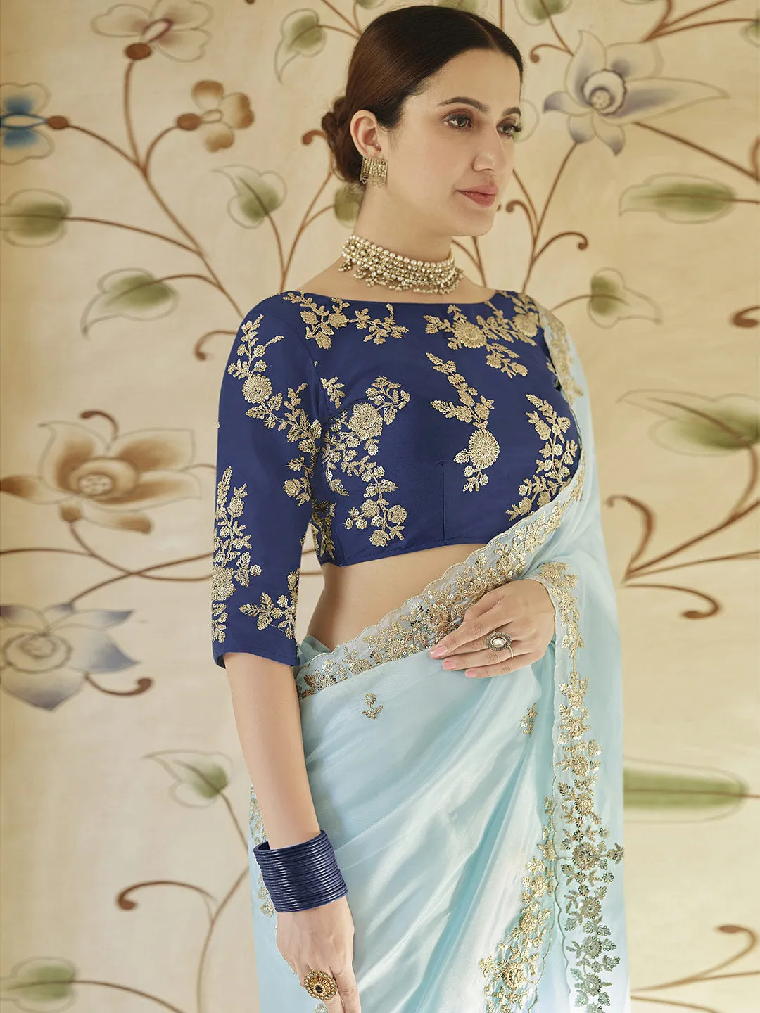 Designer Mint Blue Organza Saree Paired With Taffeta Silk Blouse