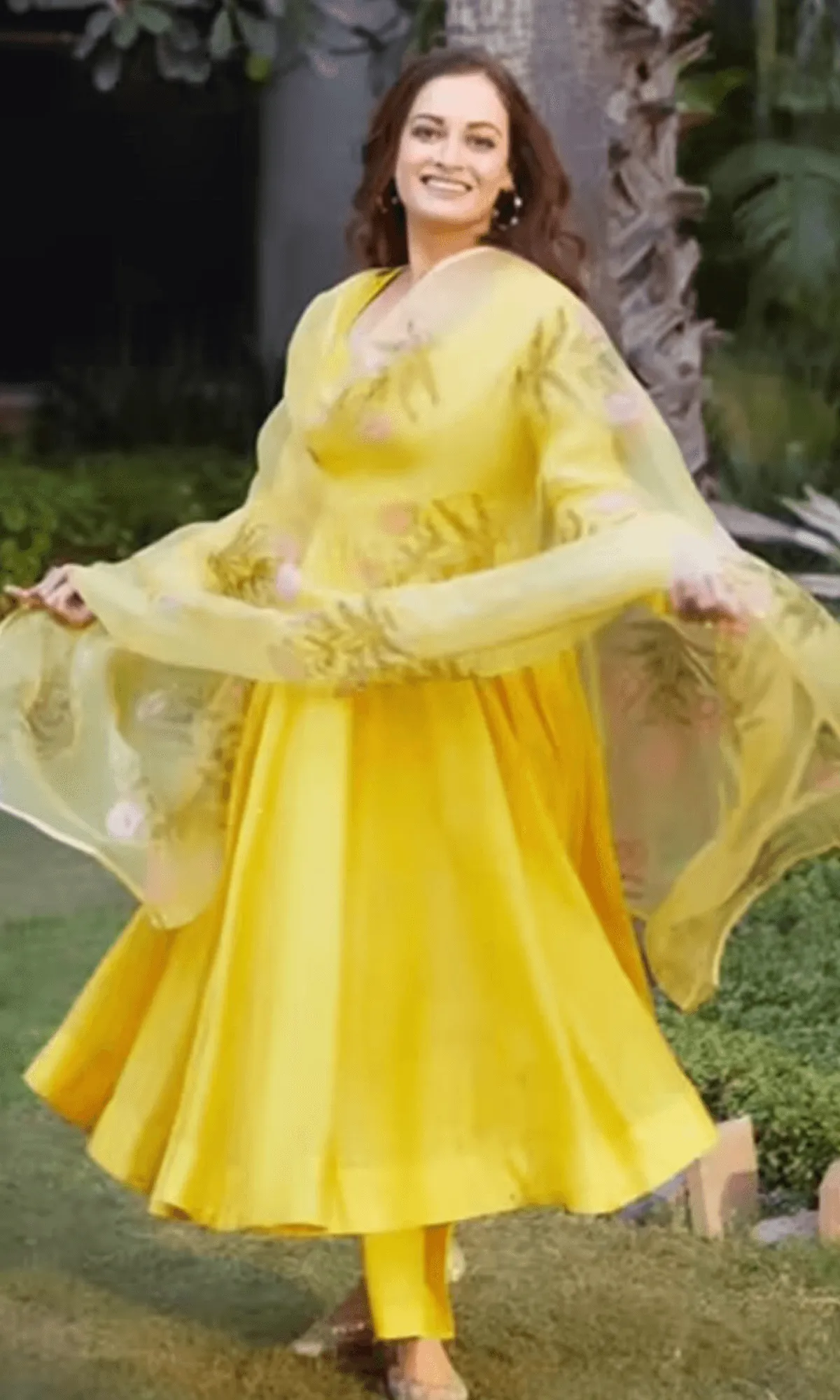 Dia Mirza in Marigold Mukaish Suit - Set of 3
