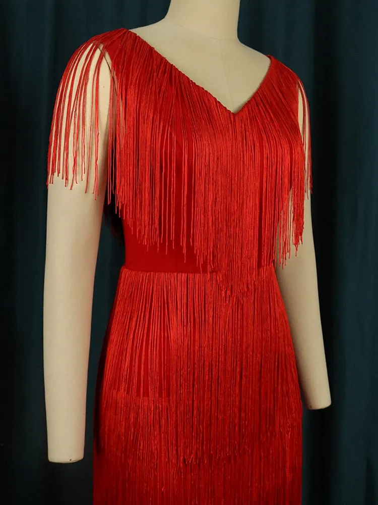 DressBetty - Red Tassel Dresses Sexy V-Neck Fringe Cocktail Event Party Outfits
