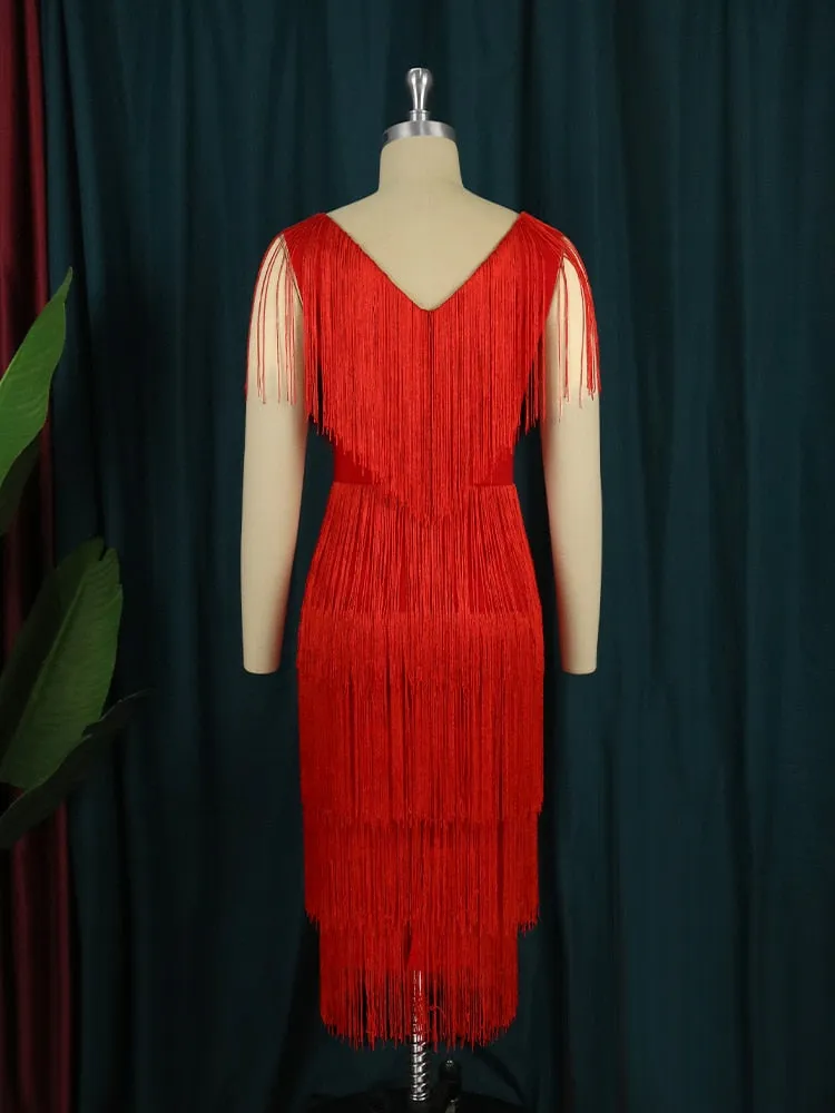 DressBetty - Red Tassel Dresses Sexy V-Neck Fringe Cocktail Event Party Outfits