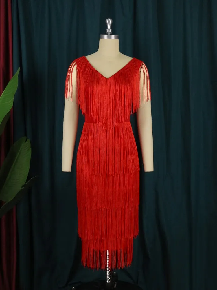 DressBetty - Red Tassel Dresses Sexy V-Neck Fringe Cocktail Event Party Outfits