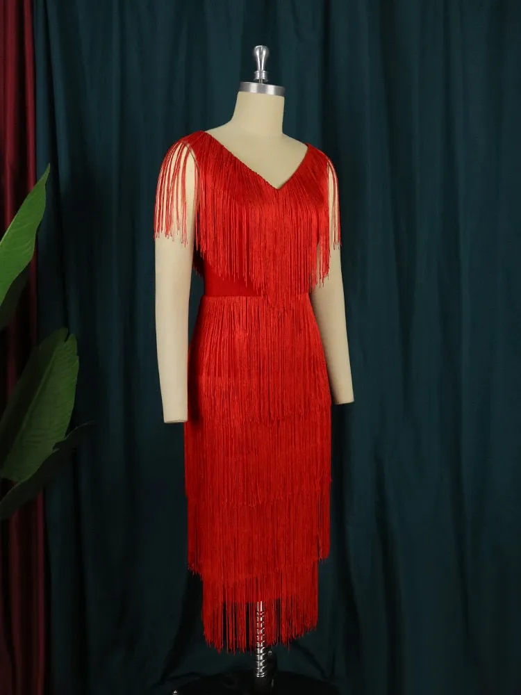 DressBetty - Red Tassel Dresses Sexy V-Neck Fringe Cocktail Event Party Outfits
