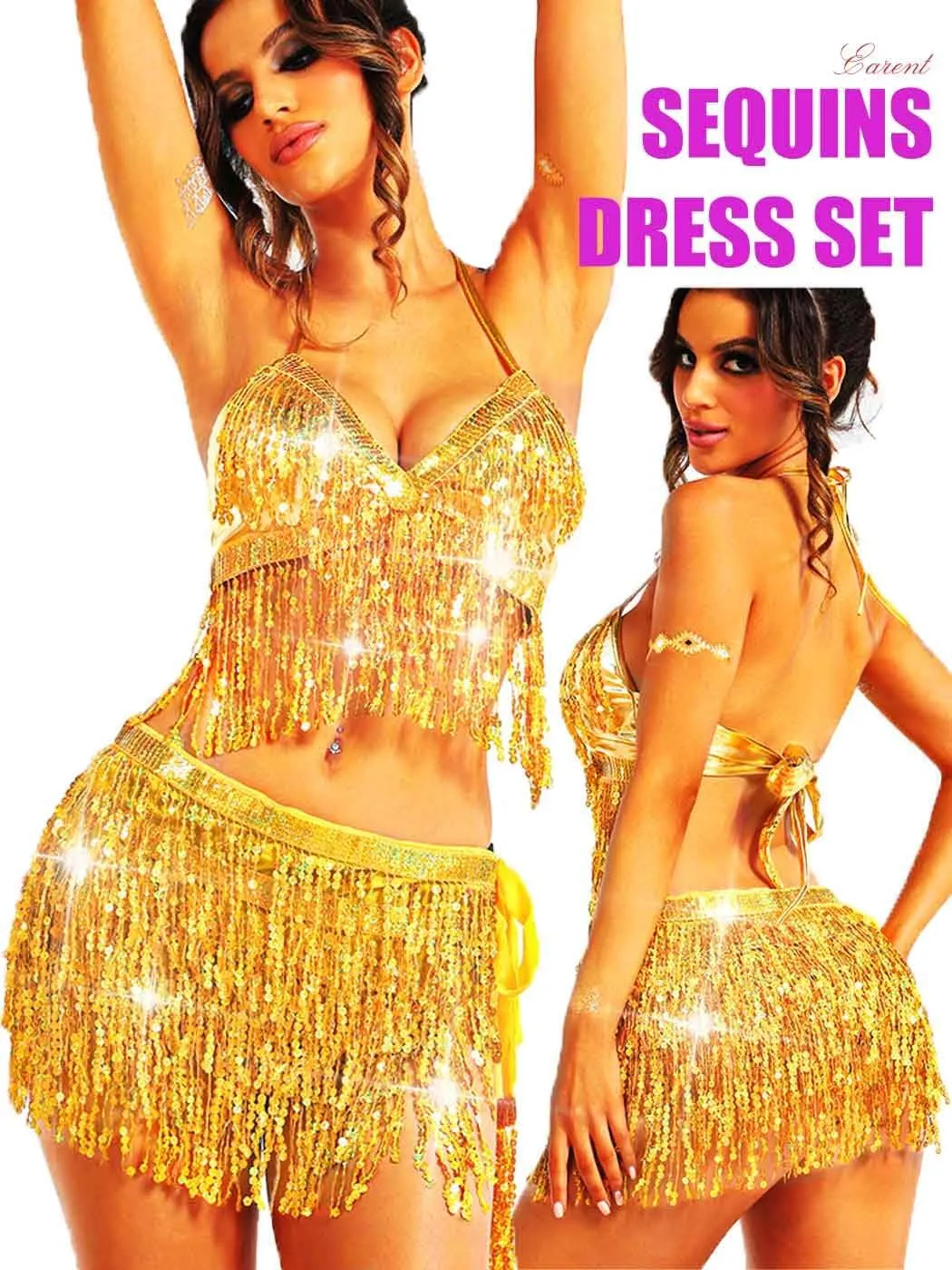EARENT Belly Dance Sequin Skirt Sparkly Rave Fringe Top Set for Women