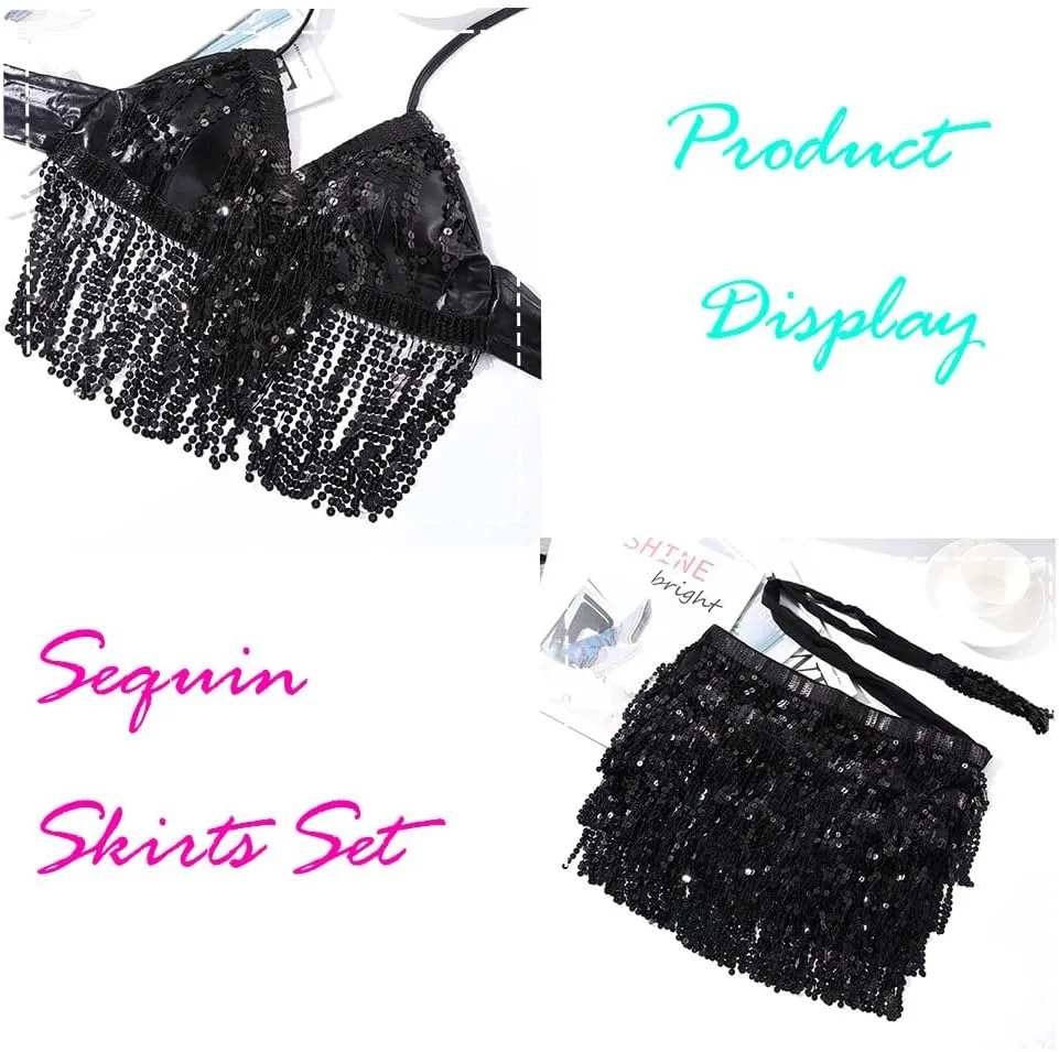 EARENT Belly Dance Sequin Skirt Sparkly Rave Fringe Top Set for Women