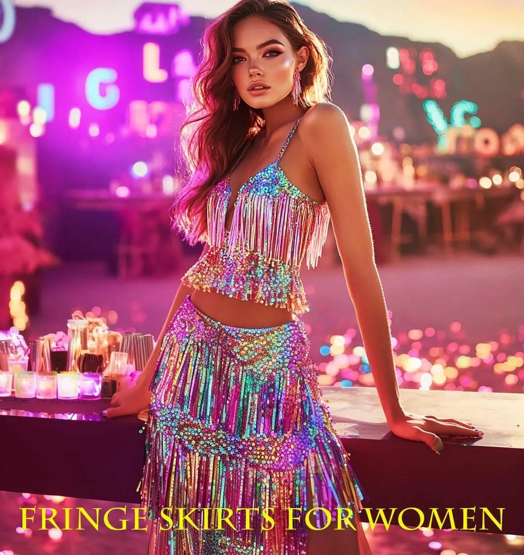EARENT Belly Dance Sequin Skirt Sparkly Rave Fringe Top Set for Women