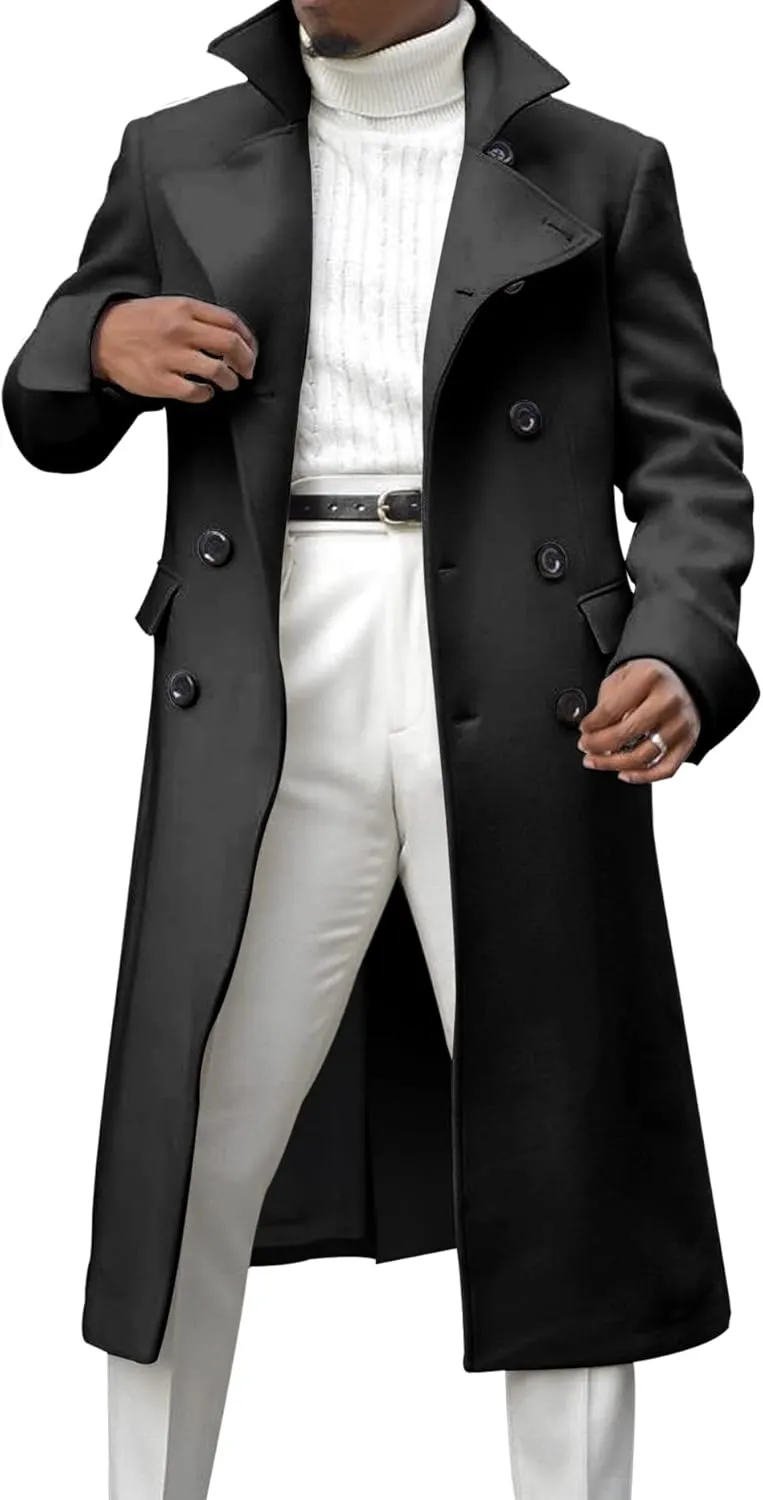Ebifin Men's Notch Lapel Double Breasted Long Trench Coat Casual Cotton Blend Peacoat