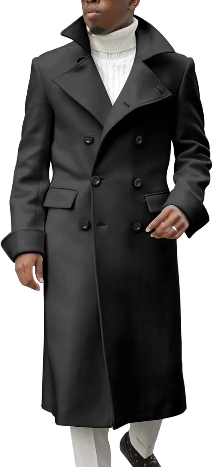 Ebifin Men's Notch Lapel Double Breasted Long Trench Coat Casual Cotton Blend Peacoat