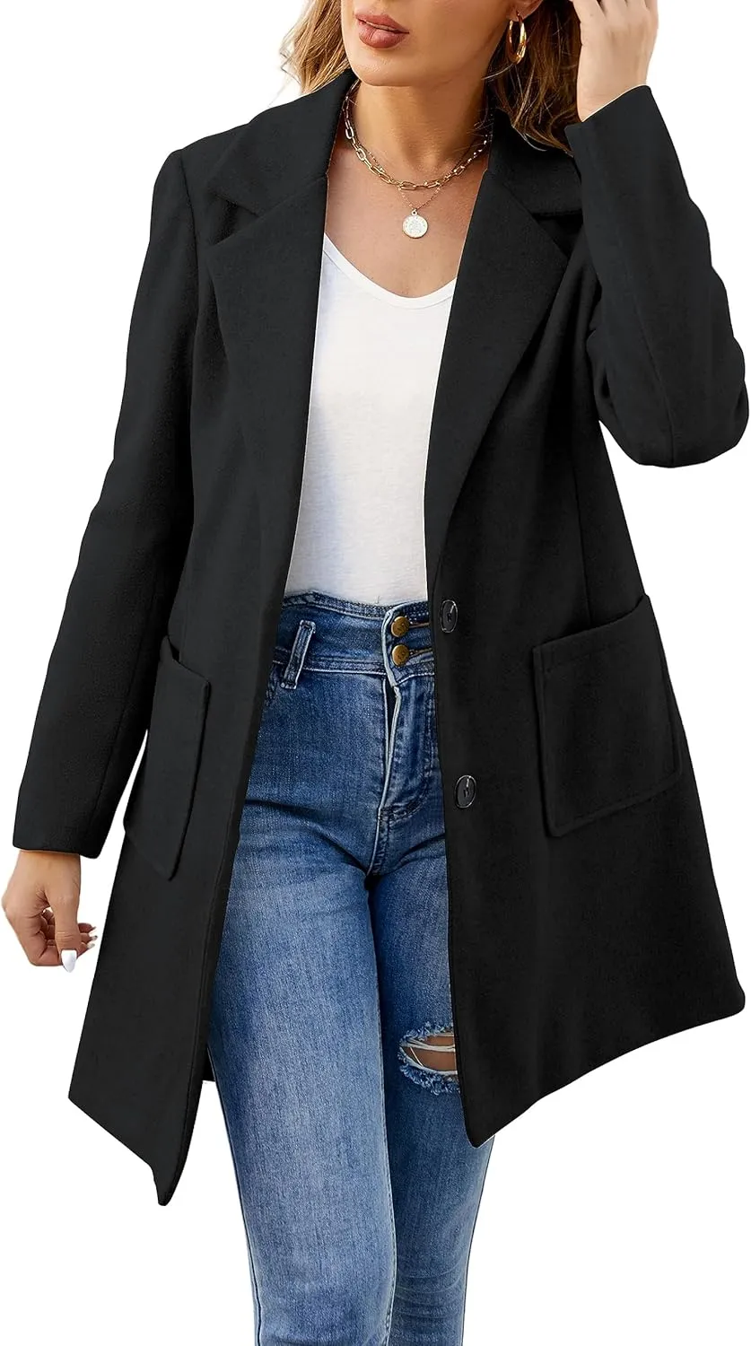 ECOWISH Women Coat Trench Jacket - Winter Long Sleeve Peacoat Fall Mid-Length Lapel Cardigan Overcoat with Pockets