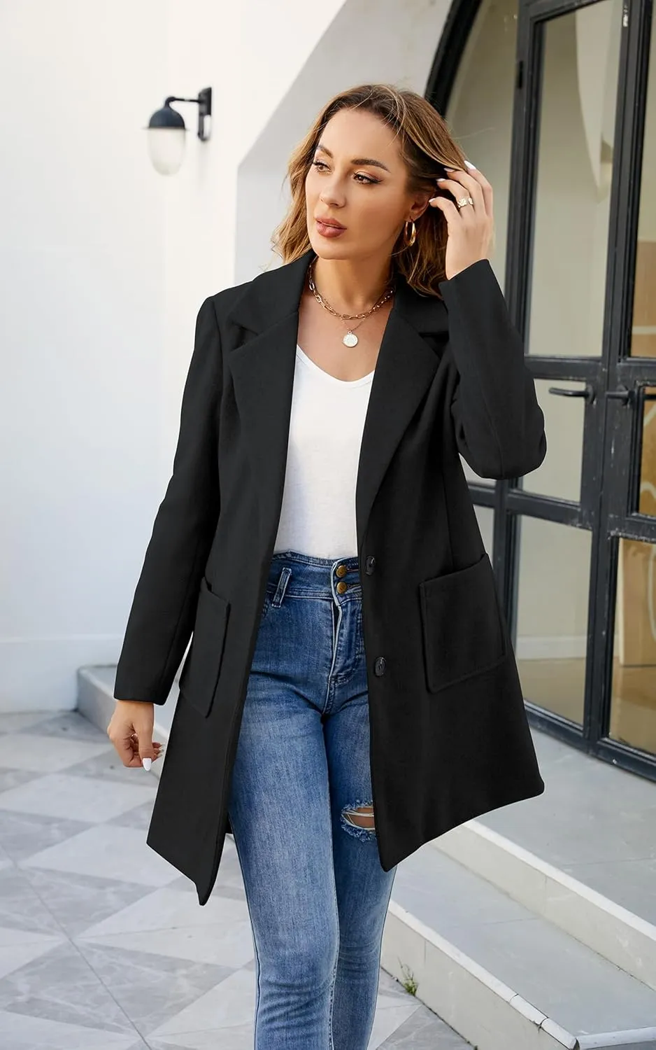 ECOWISH Women Coat Trench Jacket - Winter Long Sleeve Peacoat Fall Mid-Length Lapel Cardigan Overcoat with Pockets
