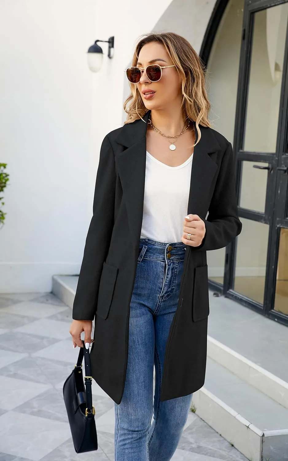 ECOWISH Women Coat Trench Jacket - Winter Long Sleeve Peacoat Fall Mid-Length Lapel Cardigan Overcoat with Pockets