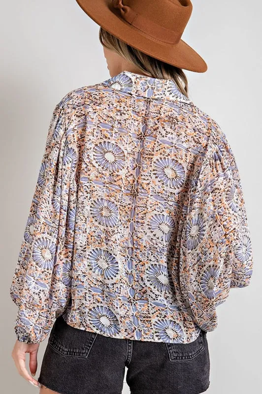 Eesome Enchantment Balloon Sleeve Print Blouse - Blue