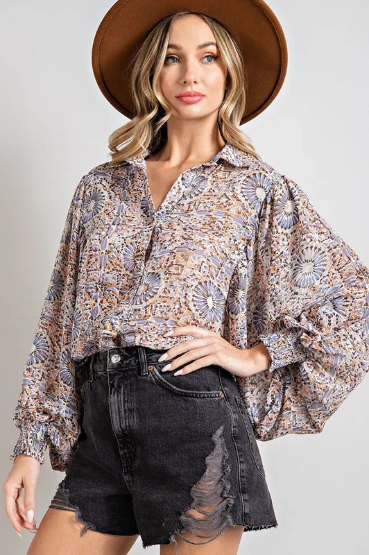 Eesome Enchantment Balloon Sleeve Print Blouse - Blue