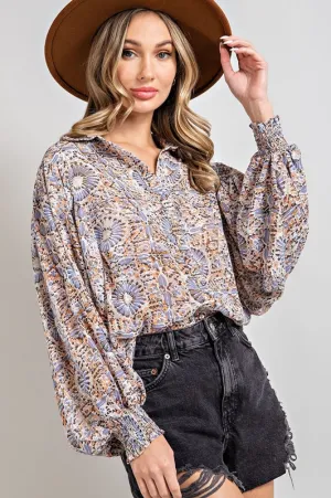 Eesome Enchantment Balloon Sleeve Print Blouse - Blue