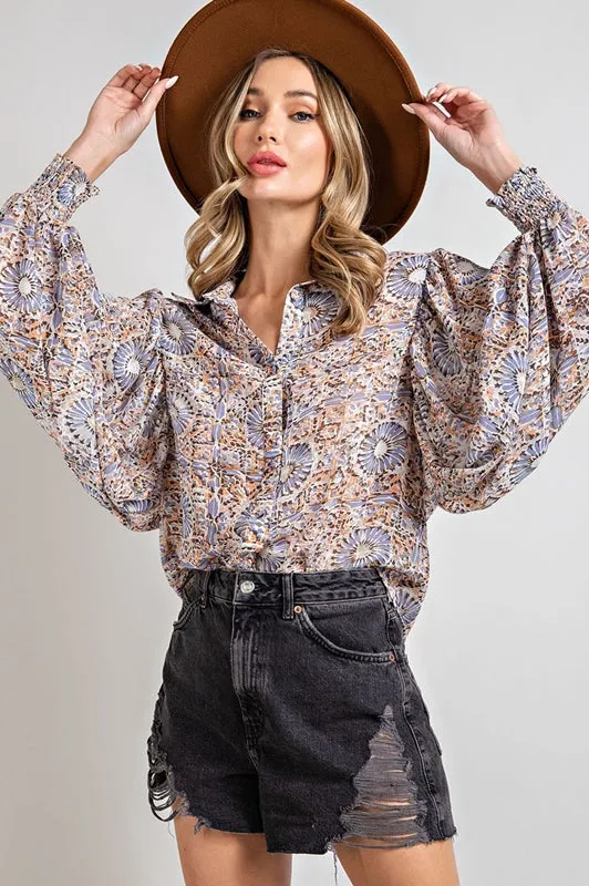 Eesome Enchantment Balloon Sleeve Print Blouse - Blue
