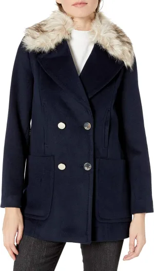Eliza J Women's Wool Blend Double Breasted Topper with Faux Fur Collar