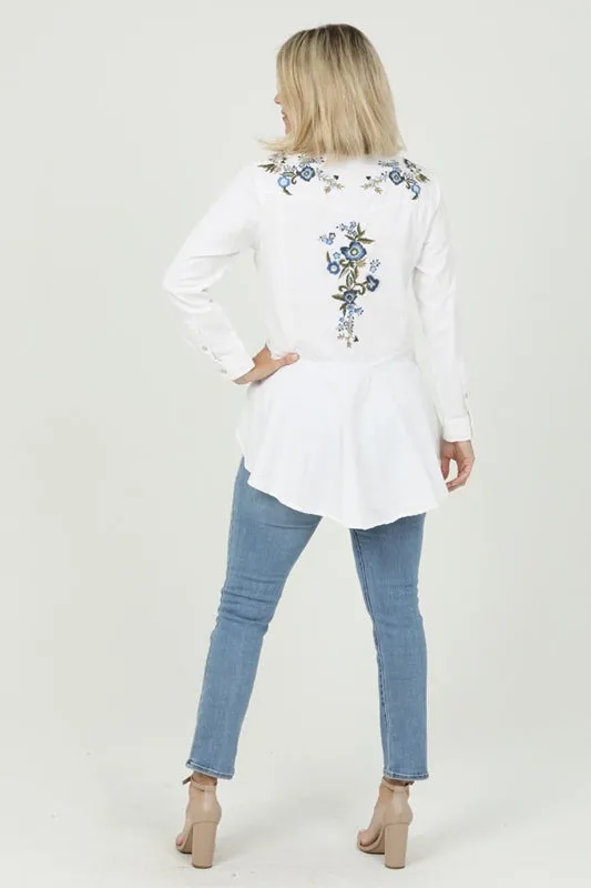 Embroidered Hi Lo Peplum Button Down Shirt - Denim Ivory