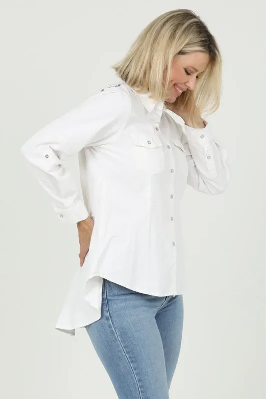 Embroidered Hi Lo Peplum Button Down Shirt - Denim Ivory