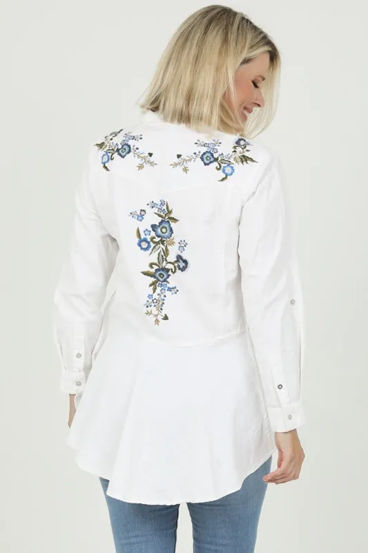 Embroidered Hi Lo Peplum Button Down Shirt - Denim Ivory