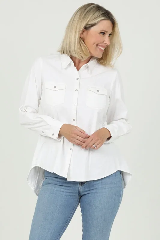 Embroidered Hi Lo Peplum Button Down Shirt - Denim Ivory