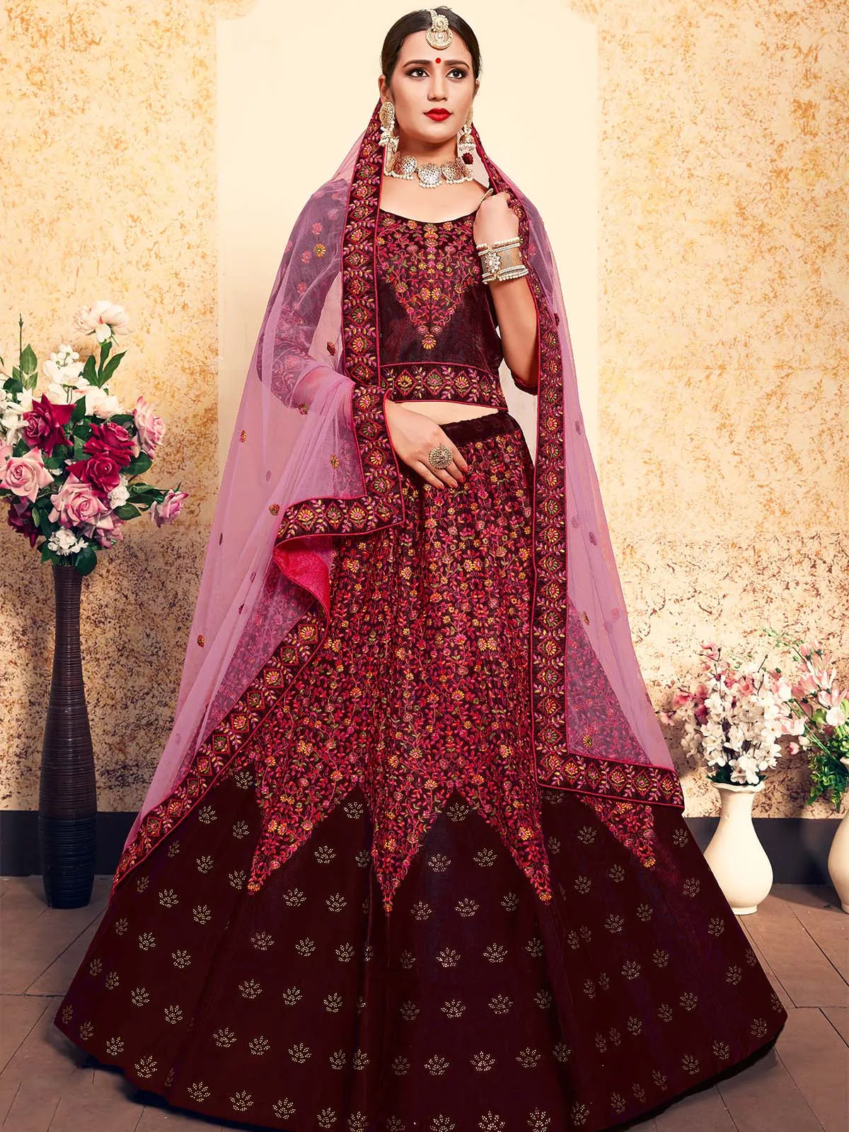 Embroidered Modern Maroon Semi Stitched Lehenga With Unstitched Blouse