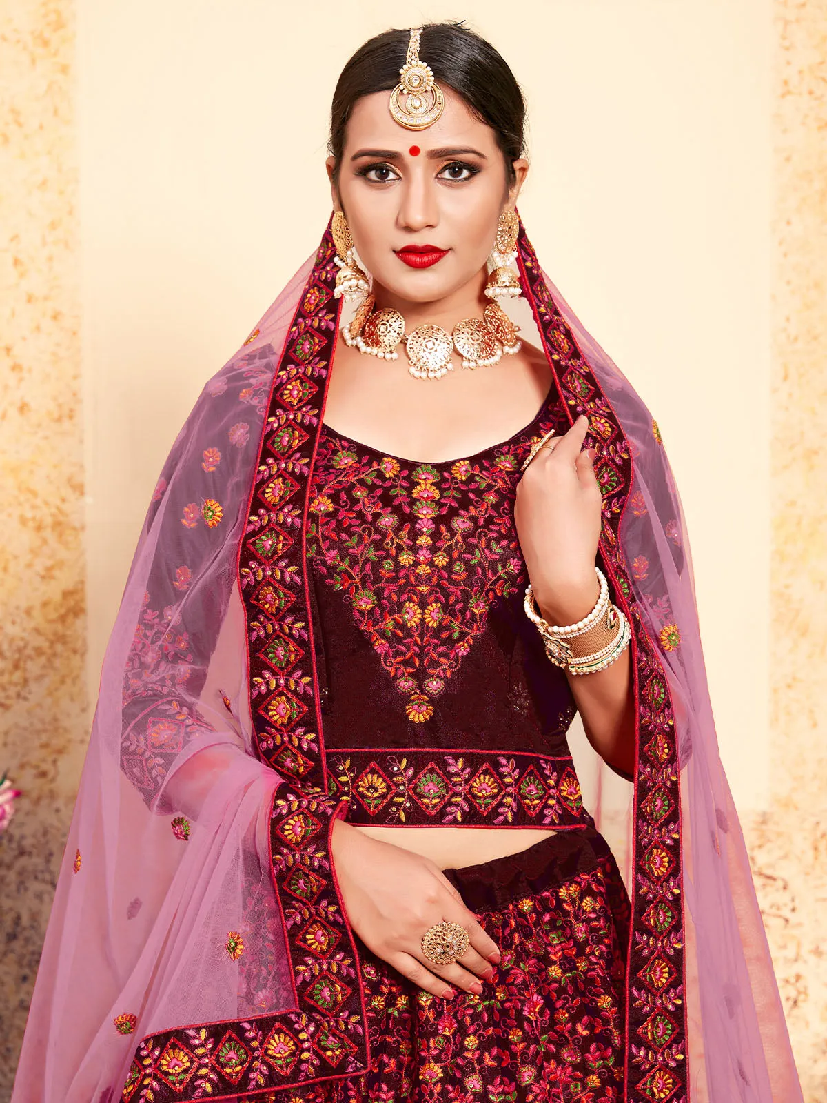 Embroidered Modern Maroon Semi Stitched Lehenga With Unstitched Blouse
