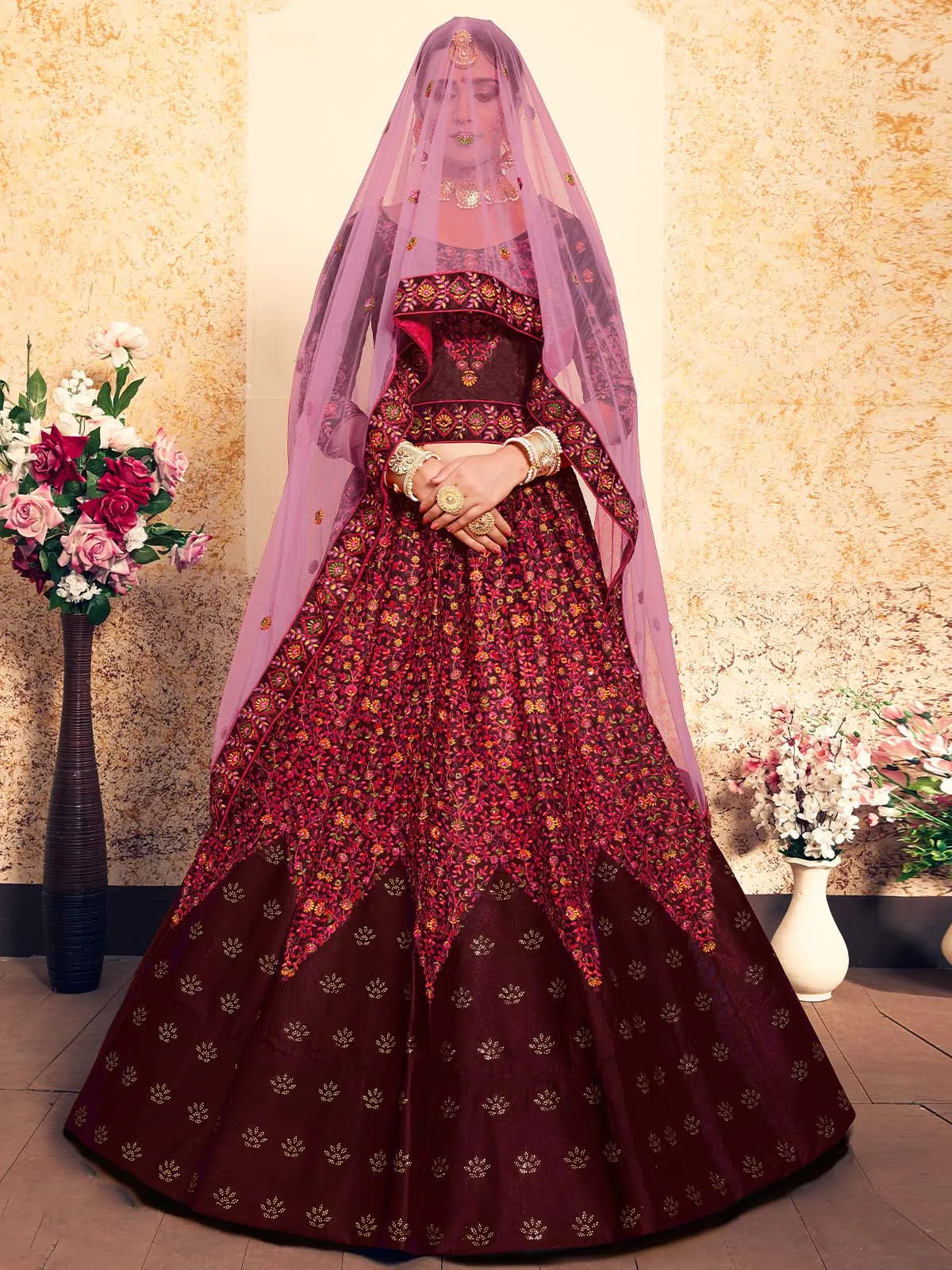 Embroidered Modern Maroon Semi Stitched Lehenga With Unstitched Blouse