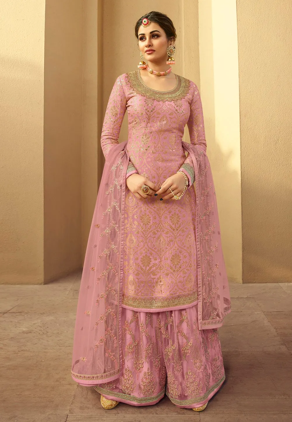 Engrossing Pink Jacquard Silk Embroidered Palazzo Suit